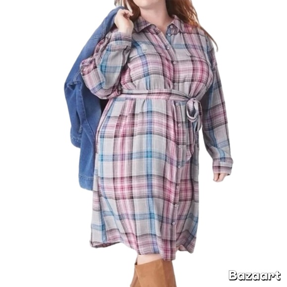 Lane Bryant Dresses & Skirts - Sz 16 Lane Bryant Shirt Dress Plaid Belted Shirtdress Gray Pink Blue